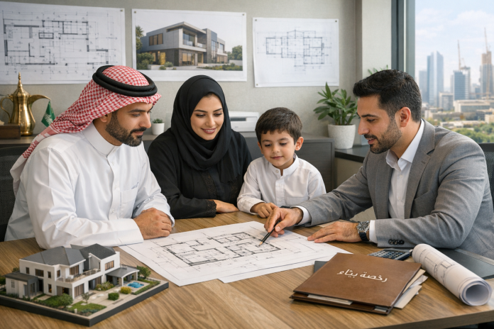 رجل وامرأة يراجعهما مخطط منزل مع مهندس في السعودية قبل استخراج رخصة البناء