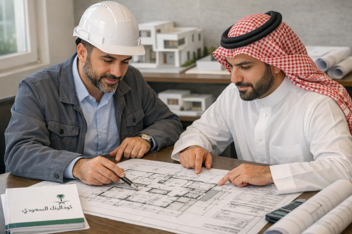 مخطط معماري لبيت حديث مع مهندس يراجع رسومات التصميم وفق كود البناء السعودي