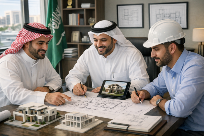 مالك منزل يناقش مخططات البناء مع مهندس في مكتب هندسي داخل السعودية