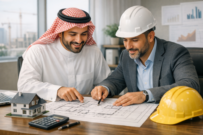 مخطط منزل سعودي مع أدوات هندسية وحاسبة على مكتب تخطيط البناء