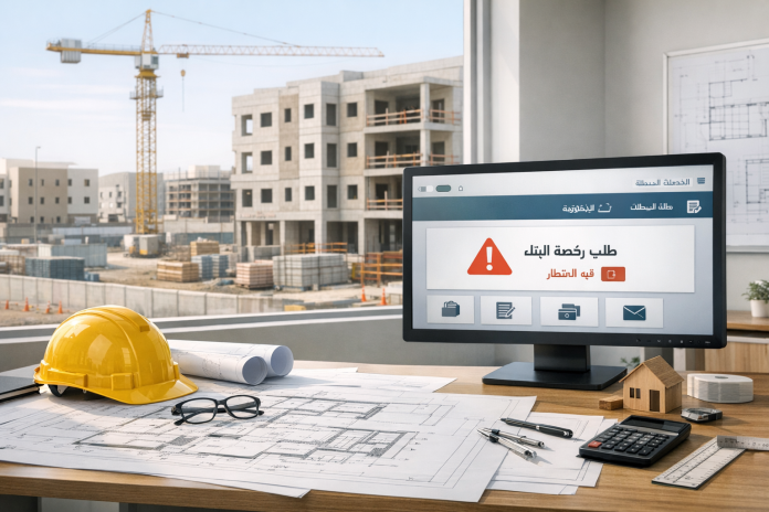 مخطط هندسي وموقع بناء في السعودية مع نموذج رخصة بناء على مكتب هندسي