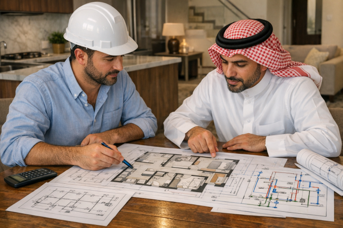 مخطط منزل سكني مع مراجعة نقاط الكهرباء والسباكة قبل الاعتماد في السعودية
