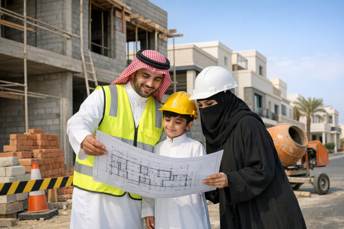 واجهة منزل حديثة قيد الإنشاء في السعودية مع مخطط هندسي وأدوات سلامة
