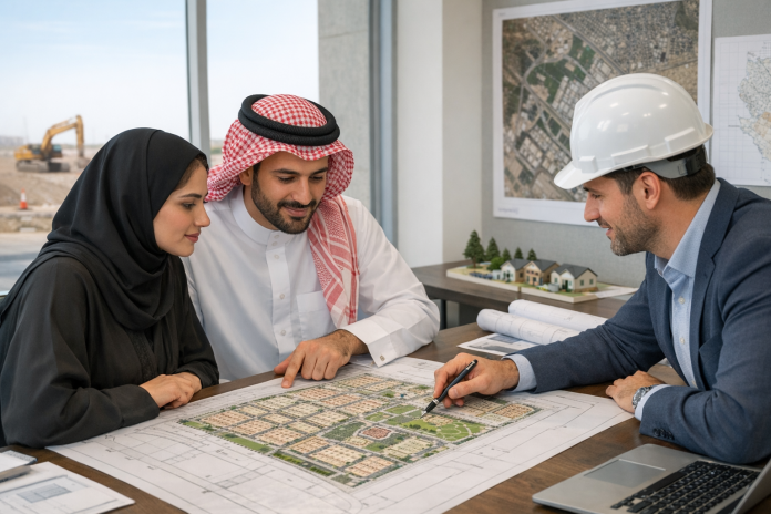 رجل وامرأة يراجعان مخطط أرض سكنية قبل الشراء في السعودية