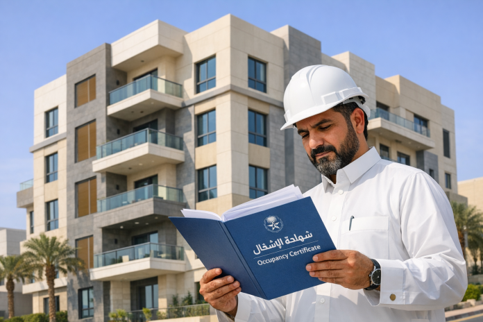 واجهة مبنى سكني حديث في السعودية مع مهندس يراجع مخططات الإشغال بعد اكتمال البناء