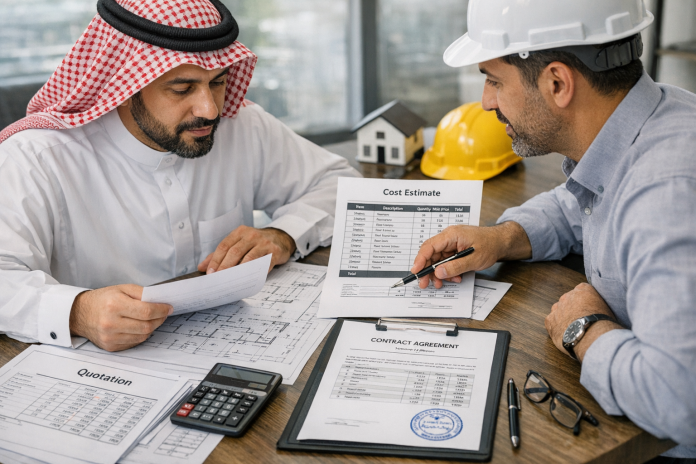 مالك يراجع عروض المقاولين مع مخططات البناء ومستندات العقد في السعودية