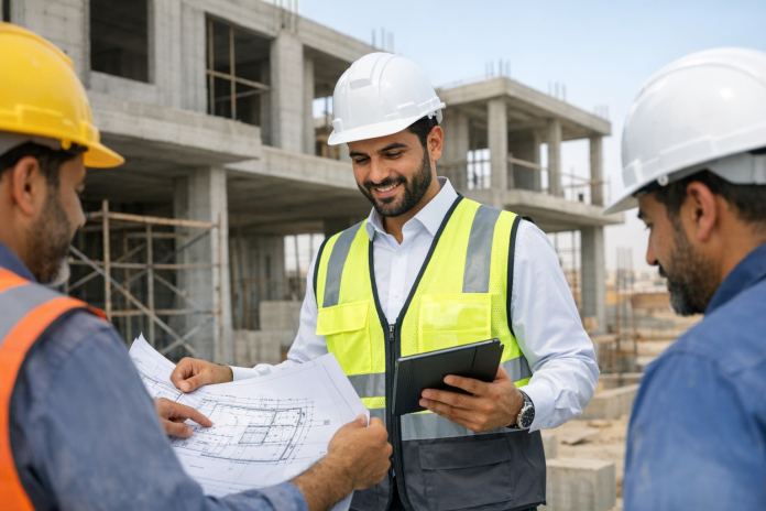 مهندس يشرف على أعمال بناء منزل في السعودية مع مخططات تنفيذية على الموقع
