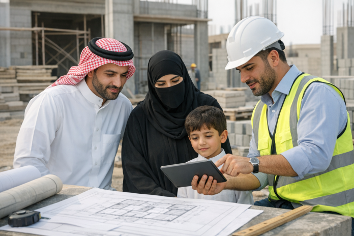 أسرة سعودية تراجع مخطط بناء مع مهندس وموقع عمل في الخلفية