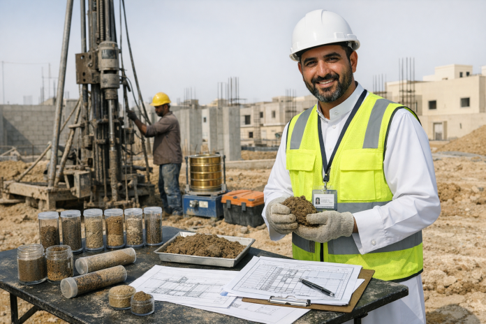مهندس يفحص عينات التربة في موقع بناء سكني قبل اعتماد الأساسات في السعودية
