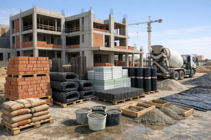 مواد بناء أساسية مرتبة في موقع إنشاء حديث في السعودية