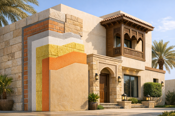 واجهة منزل سعودي حديث مع إشارة إلى العزل الحراري وكفاءة الطاقة في أجواء مشمسة