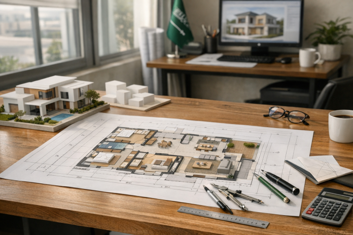 مخطط معماري لمنزل سعودي حديث يوضح توزيع المساحات الداخلية بطريقة عملية