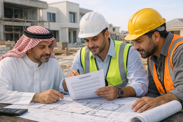 مالك منزل يراجع عقد البناء مع مهندس ومقاول قبل بدء التنفيذ في السعودية