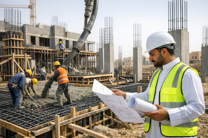 موقع بناء سكني في السعودية مع أعمال العظم والتنفيذ الإنشائي