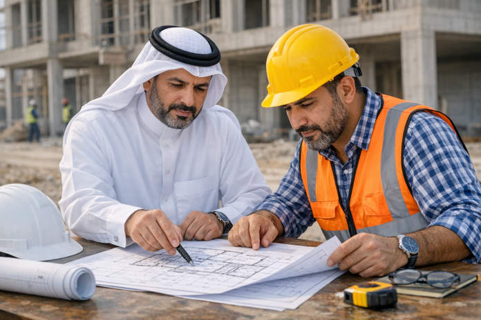مهندس ومقاول يراجعات مخططات رخصة بناء في موقع إنشاء داخل السعودية