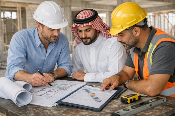 مالك منزل يراجع جدول عمل مشروع البناء مع مهندس ومخططات على طاولة داخل موقع إنشاء في السعودية