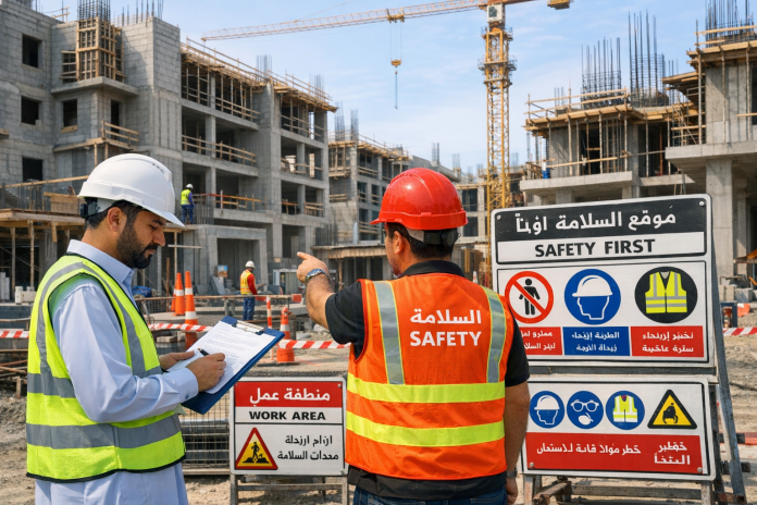 موقع بناء سكني في السعودية مع عناصر السلامة والمهندسين في الموقع