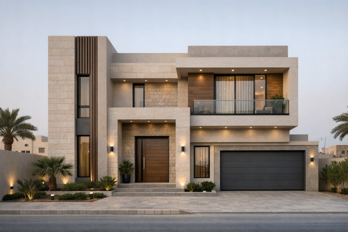 واجهة منزل سعودية مع تصميم متوازن يراعي المناخ والحي والطابع العمراني