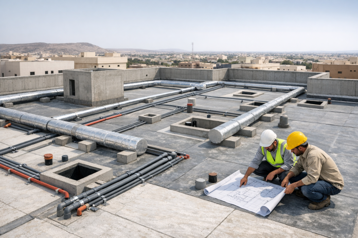 مشهد لسطح مبنى قيد التشطيب مع أعمال تمديدات وعزل في السعودية