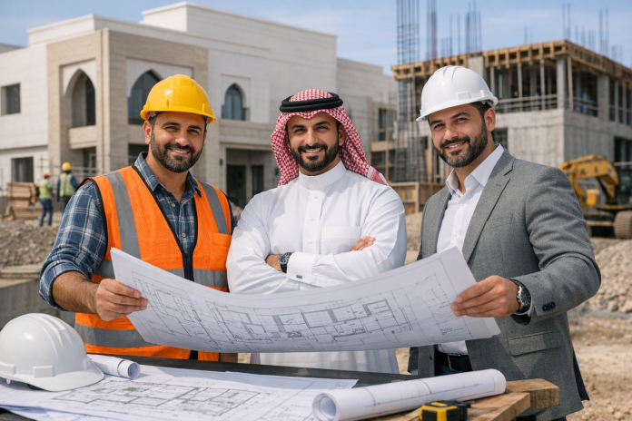 مالك منزل يناقش مع مقاول مخططات البناء في موقع إنشائي في السعودية