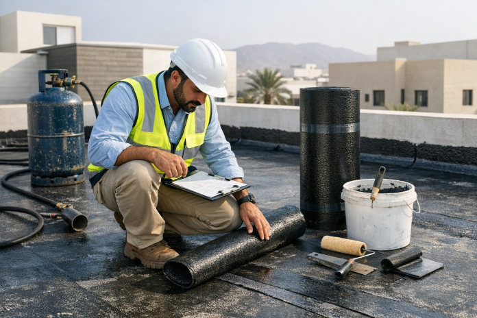 مهندس يفحص طبقات العزل المائي في سطح منزل سكني في السعودية