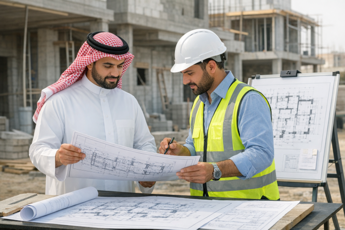 مالك يراجع المخططات التنفيذية مع مهندس موقع في مشروع بناء سكني في السعودية