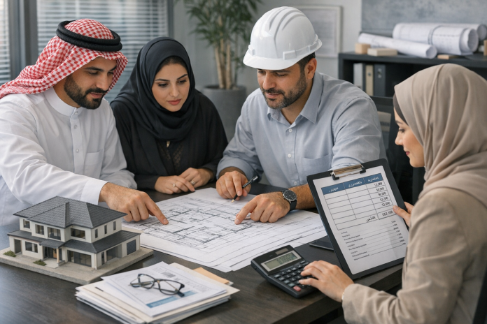 أب سعودي يراجع مخطط بناء منزل مع مهندس ومراجعة ميزانية البناء