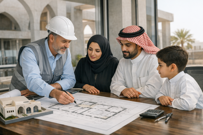 أسرة تراجع مخطط بناء مع مهندس في موقع إنشائي داخل السعودية