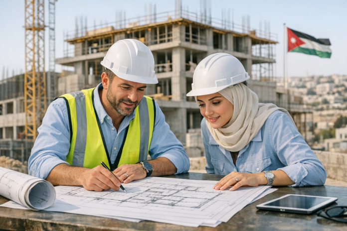 مخططات هندسية وموقع بناء مع إشارة إلى إجراءات رخصة البناء في الأردن