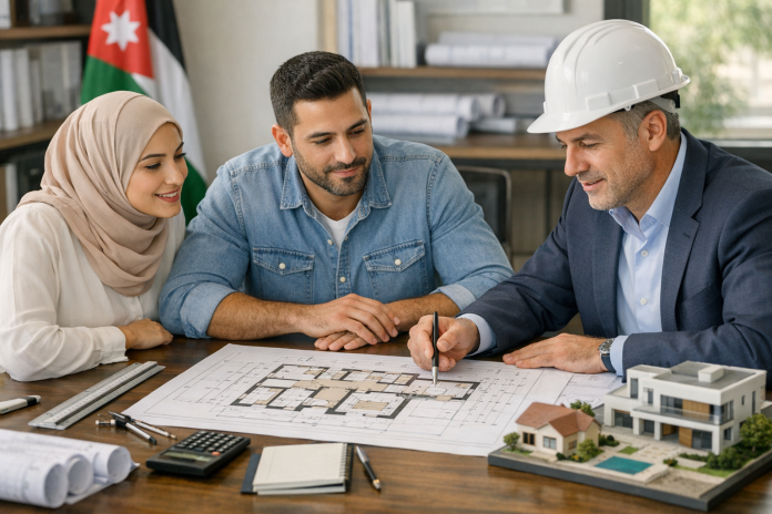 صاحب منزل يراجع مخططاً مع مهندس قبل بدء أعمال البناء