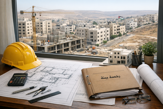 مخططات هندسية وملف رخصة بناء مع مشهد لموقع إنشاء في الأردن