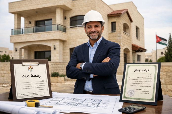 واجهة منزل جديد مع مخططات هندسية ومفتاح وشعار يرمز إلى شهادة الإشغال في الأردن