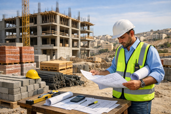 مخطط بناء وأدوات هندسية مع موقع إنشائي في الأردن