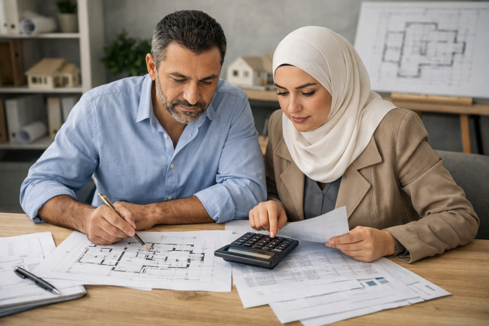 رجل وامرأة يراجعان مخطط منزل مع حسابات تكلفة البناء على طاولة