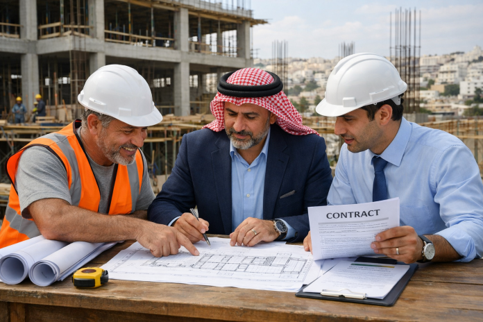 عائلة تراجع مخططات بناء مع مقاول ومهندس في موقع إنشائي في الأردن