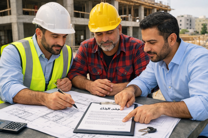 صاحب منزل يراجع عقد البناء مع مهندس ومقاول قبل بدء التنفيذ