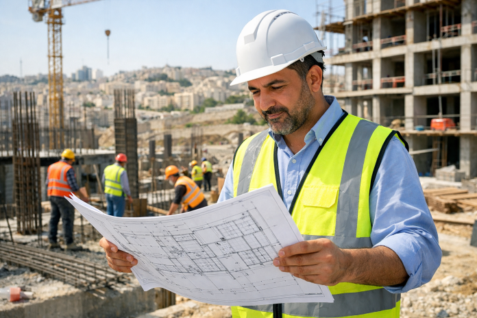 مهندس يشرف على أعمال بناء في موقع إنشائي مع مخططات ومواد تنفيذ