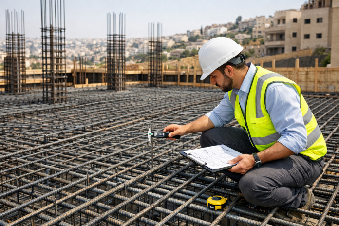 مشهد لموقع بناء فيه خرسانة وحديد تسليح مع فحص هندسي قبل الصب