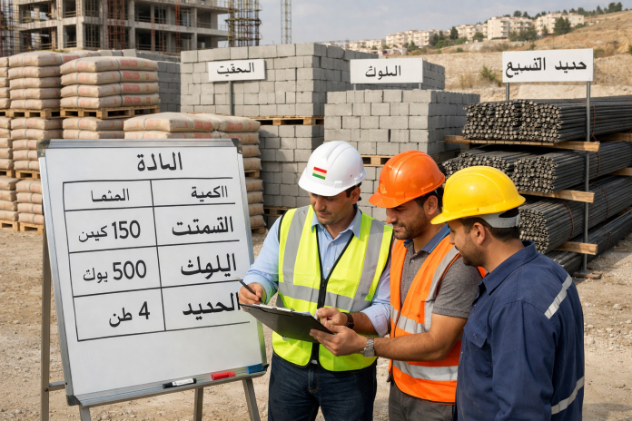 موقع بناء منظم في الأردن مع عاملين يراجعان مواد البناء وخطة التنفيذ