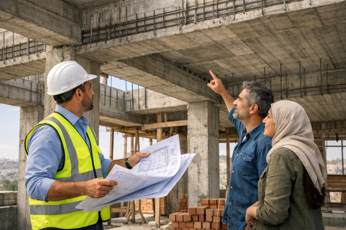 مهندس وفريق عمل يفحصون الهيكل الخرساني في موقع بناء سكني قبل التشطيبات