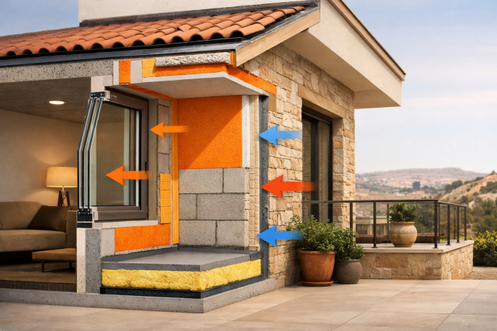 منزل حديث في الأردن مع توضيح طبقات العزل الحراري في الجدران والسقف