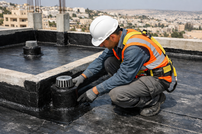 فني يفحص طبقات العزل المائي في سطح قبل الإغلاق النهائي