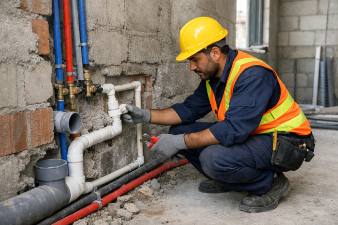 فني يفحص تمديدات السباكة المنزلية قبل إغلاق الجدران في منزل قيد الإنشاء