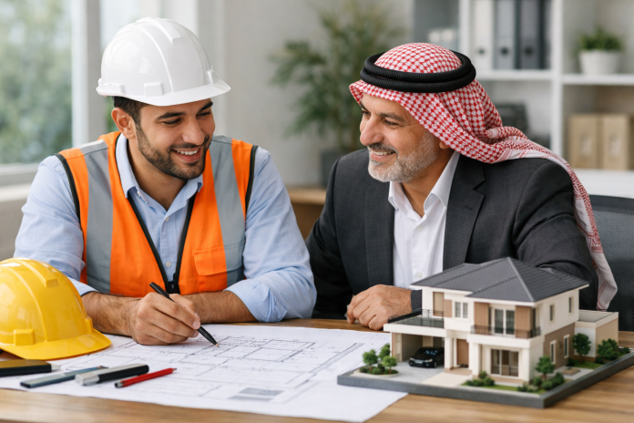 مالك مشروع يناقش مخططات البناء مع مهندس مدني داخل مكتب عمل