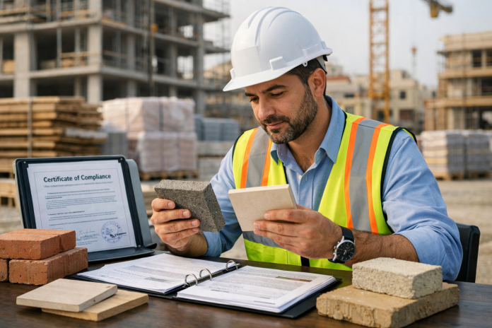 مهندس يفحص عينات مواد بناء ووثائق مواصفات قبل الشراء في موقع بناء