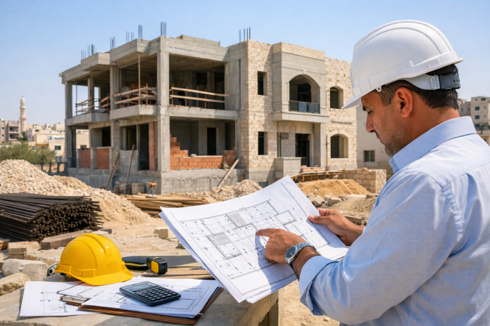 منزل قيد الإنشاء على مراحل مع مخططات وأدوات بناء في موقع سكني