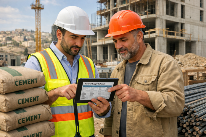 مهندس ومقاول يراجعان جدول توريد مواد البناء في موقع بناء بالأردن