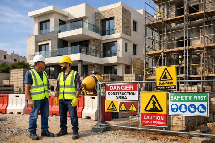 عاملان يطبقان إجراءات السلامة في موقع بناء سكني في الأردن مع أدوات الحماية واللوحات التحذيرية