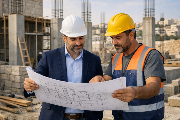مهندس ومقاول يراجعان مخطط بناء داخل موقع إنشائي في الأردن