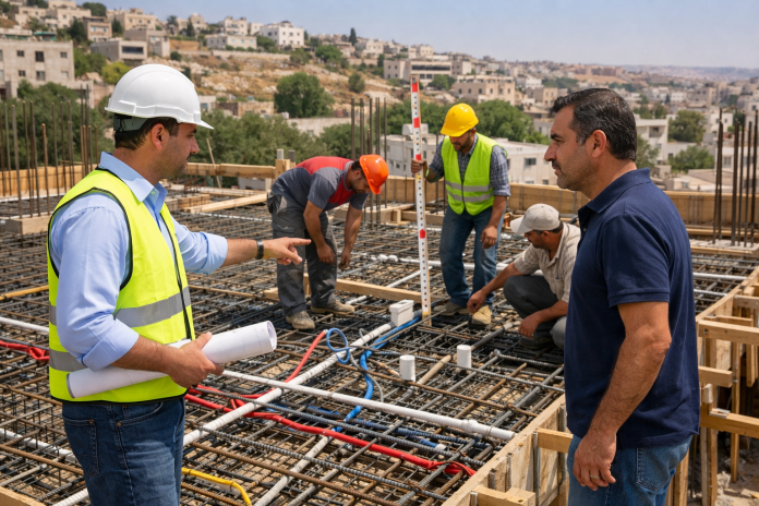 مهندس وفريق عمل يفحصون تسليح السقف قبل الصب في موقع بناء سكني